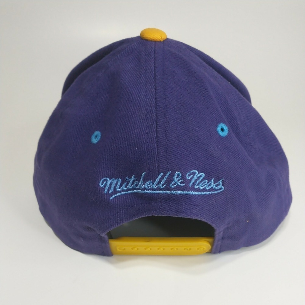 Mitchell & Ness Los Angeles Lakers Snapback Hat Purple Striped Brim NBA Mens - Picture 4 of 12